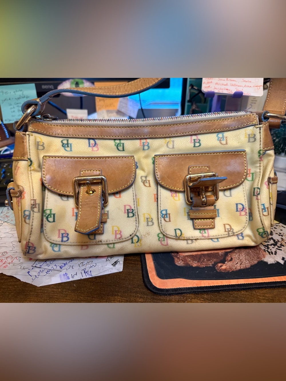 Dooney & Bourke Multicolor Monogram Hobo Heart Leather Dual Pocket Handbag